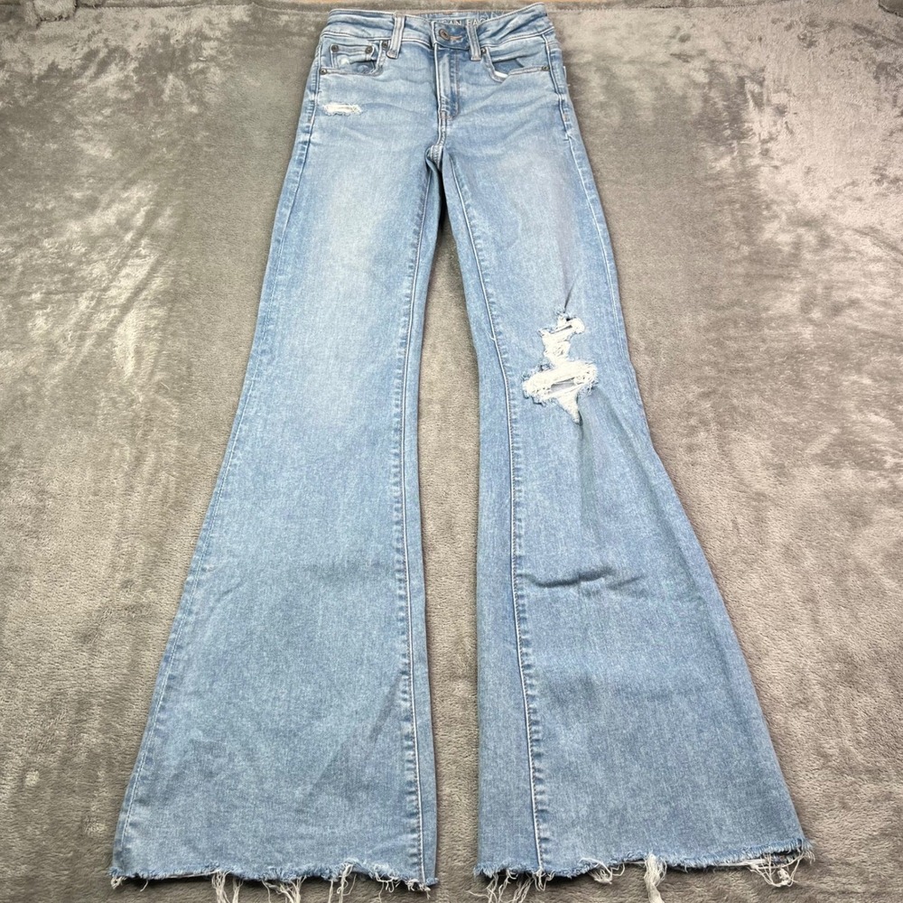 American Eagle Super High-Rise Flare Jeans Womens‎ 00 Blue Distressed Stretch